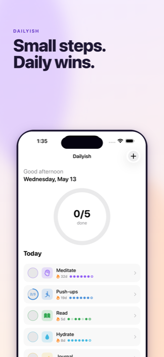 Dailyish home screen showing the day's progress ring and a list of habits.